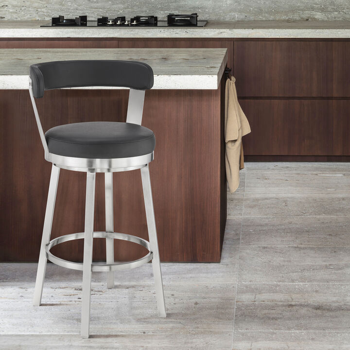 Kobe Bar Height Swivel Bar Stool in Brushed Stainless Steel Finish and Black Faux Leather