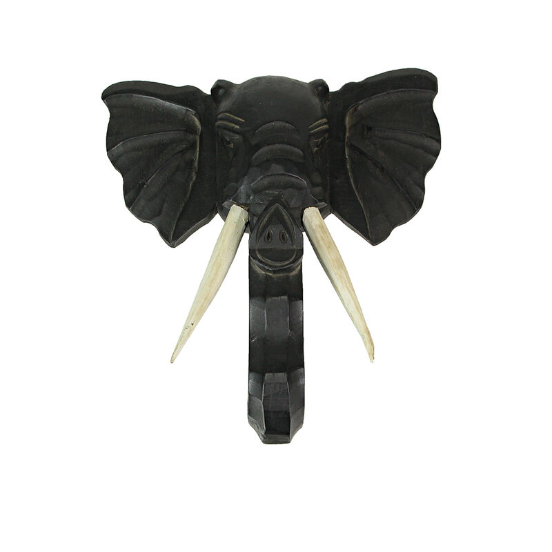 Hand Carved 12 Inch Black Elephant Head Wooden Wall Hanging Sculpture Safari Art image number 1