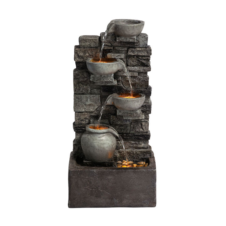 Outdoor 4-Tier Cascading Water Fountain with LED Lights, Gray