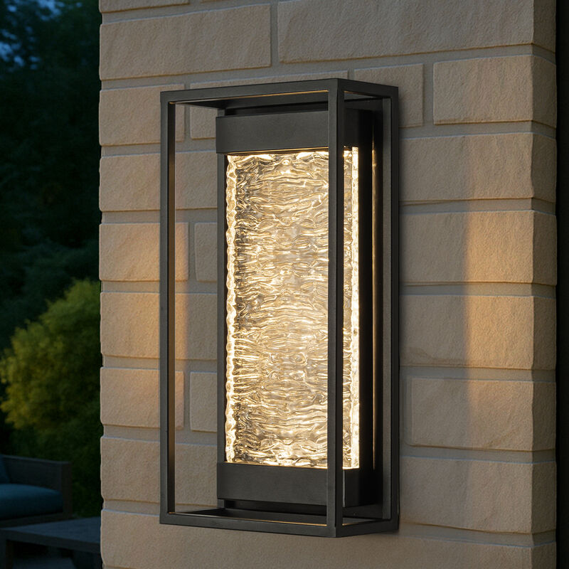 H15" Modern Outdoor Integrated LED Wall Light with Dusk to Dawn Sensor Matte Black Exterior Light Fixture with Handcrafted Textured Glass Wall Lantern for Porch Garage Entryway image number 1
