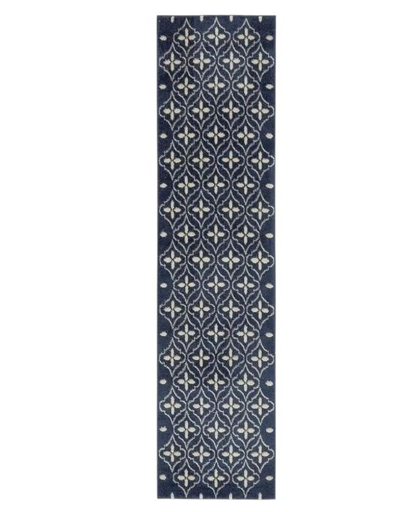 HomeRoots 8' Ivory And Navy Blue Geometric Indoor Outdoor Runner Rug