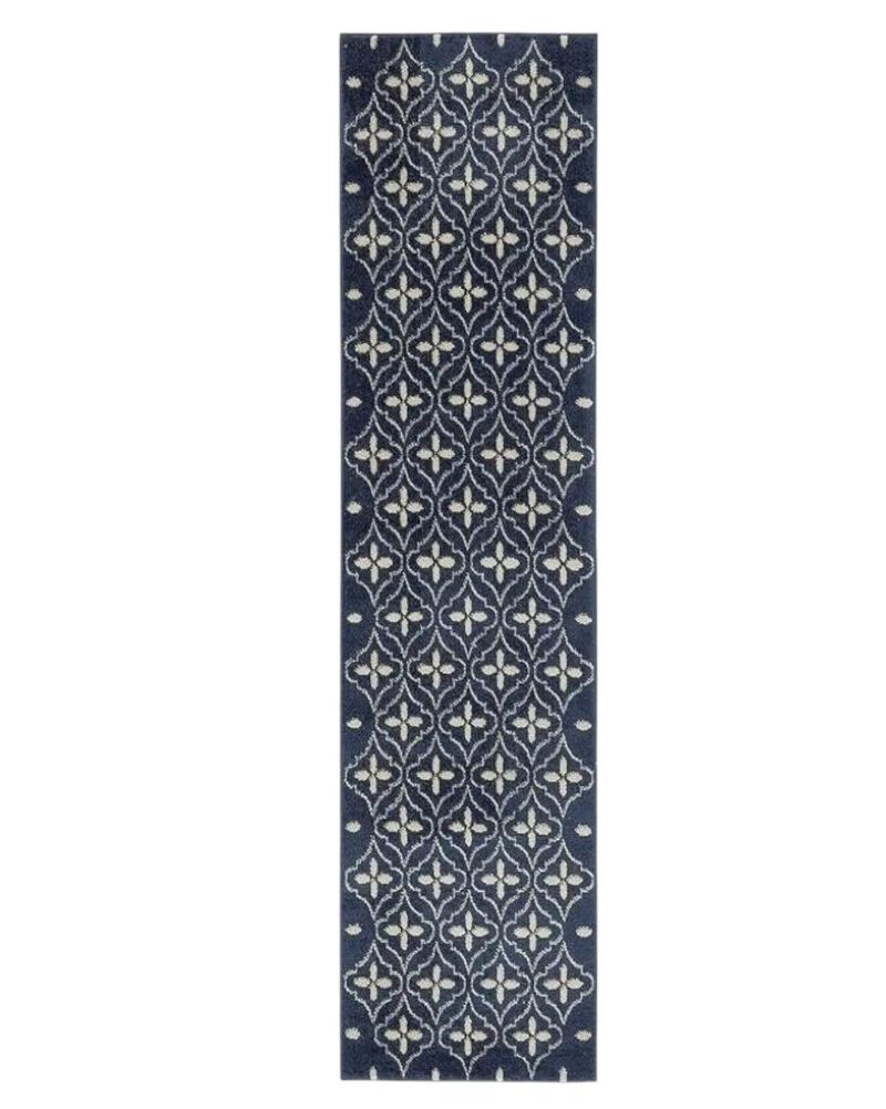HomeRoots 8' Ivory And Navy Blue Geometric Indoor Outdoor Runner Rug image number 0