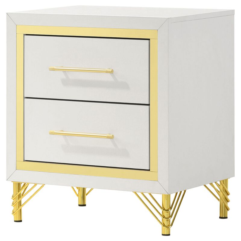 Jenny Nightstand, 2 Drawers, Hairpin Style Legs in Gold, Bar Handles, White - Benzara