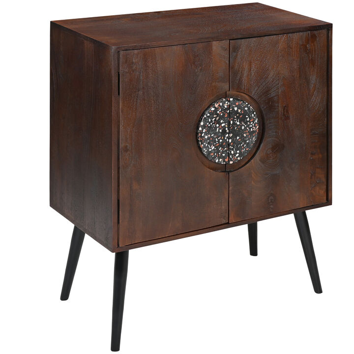 37 Inch 2 Door Mango Wood Sideboard Cabinet, Terrazzo Stone, Sandblasted Red Oak Finish, Black Legs-Benzara