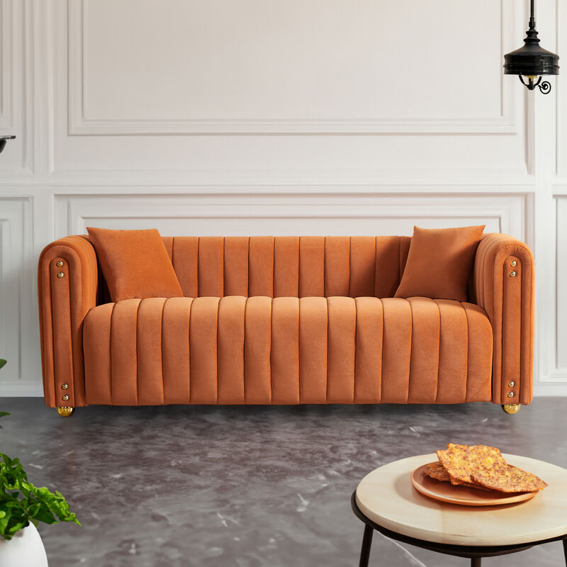 79.92" Modern Vertical Channel Tufted Velvet Sofa, Comfortable Sofa for Living Room Orange