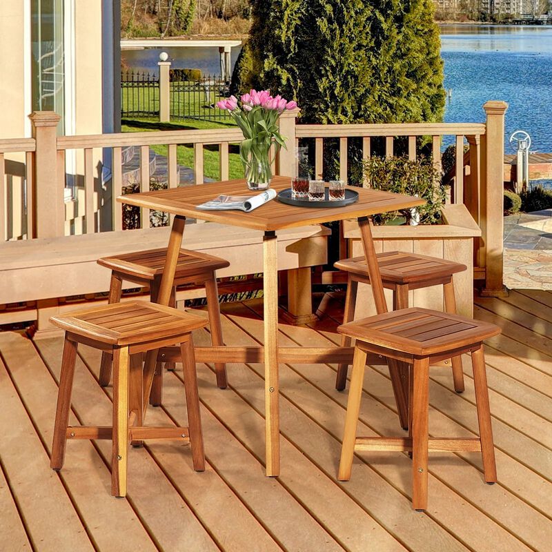 Mondawe 5-Piece Acacia Wood Patio Furniture Set,1 Foldable Square Table & 4 Stackable Stools