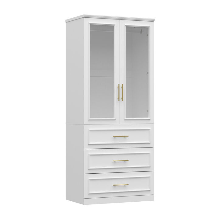FUFU&GAGA  Elegant Armoire with Glass Doors, Hanging Rods, and Spacious Drawers for Organized Bedroom Storage (31.7" W x 19.3" D x 74.9" H) White