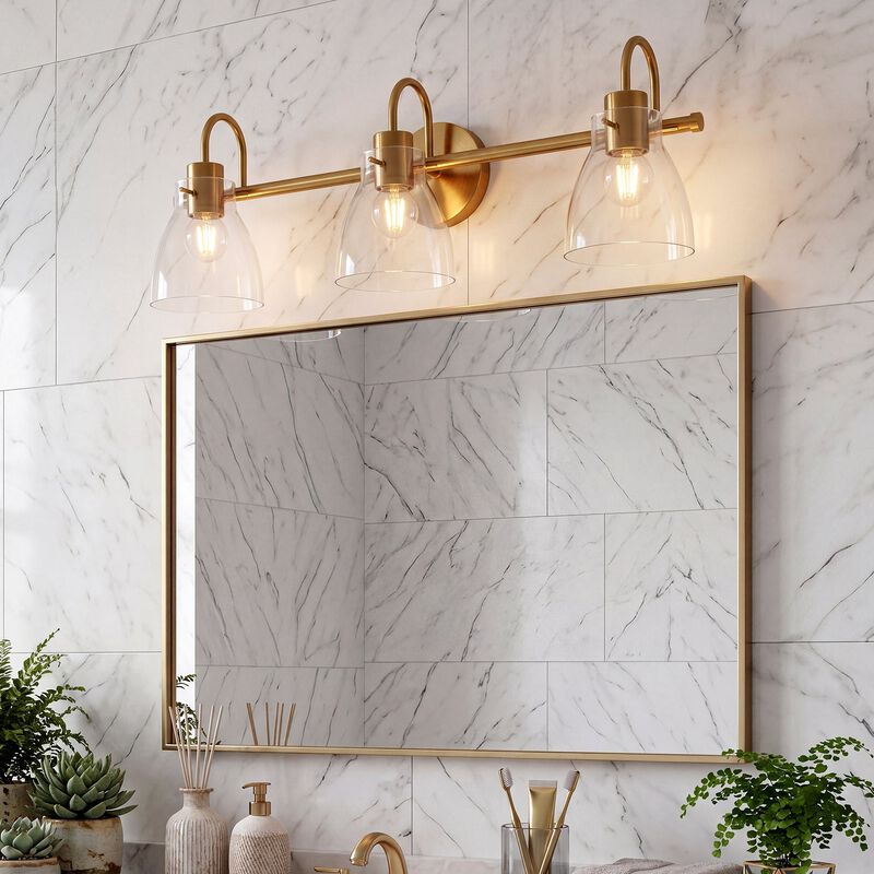 Brushed Brass Bathroom Vanity Light, Three-Light Clear Glass Shades image number 3