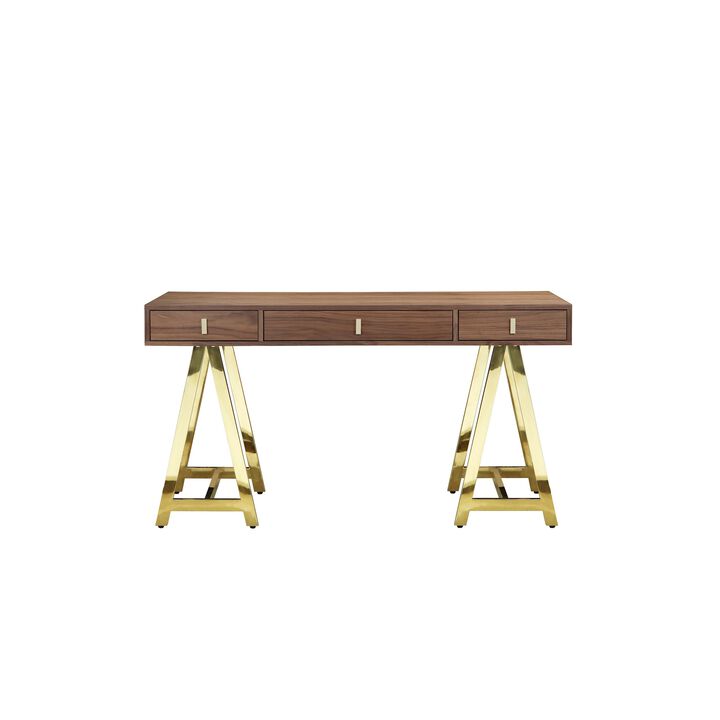 Ile 55 Inch Desk with 3 Storage Drawers, Brown Wood Veneer, Gold Metal - Benzara