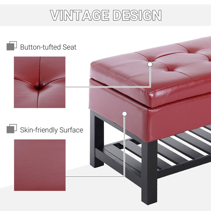 Bold Storage Solution: 44" Crimson Faux Leather Tufted Ottoman Bench