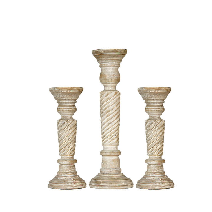 Traditional Antique White Eco-friendly Handmade Mango Wood Set Of Three 9",15" & 9" Pillar Candle Holder BBH Homes