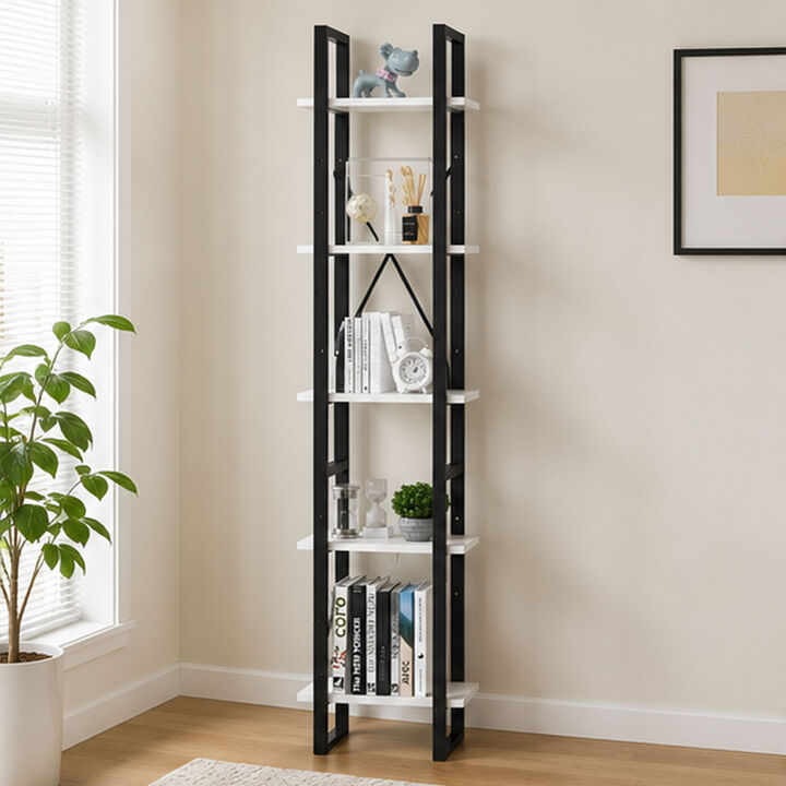 5 Tier Bookshelf Unit, Open White Wood Racks, 41 Inch Black Metal