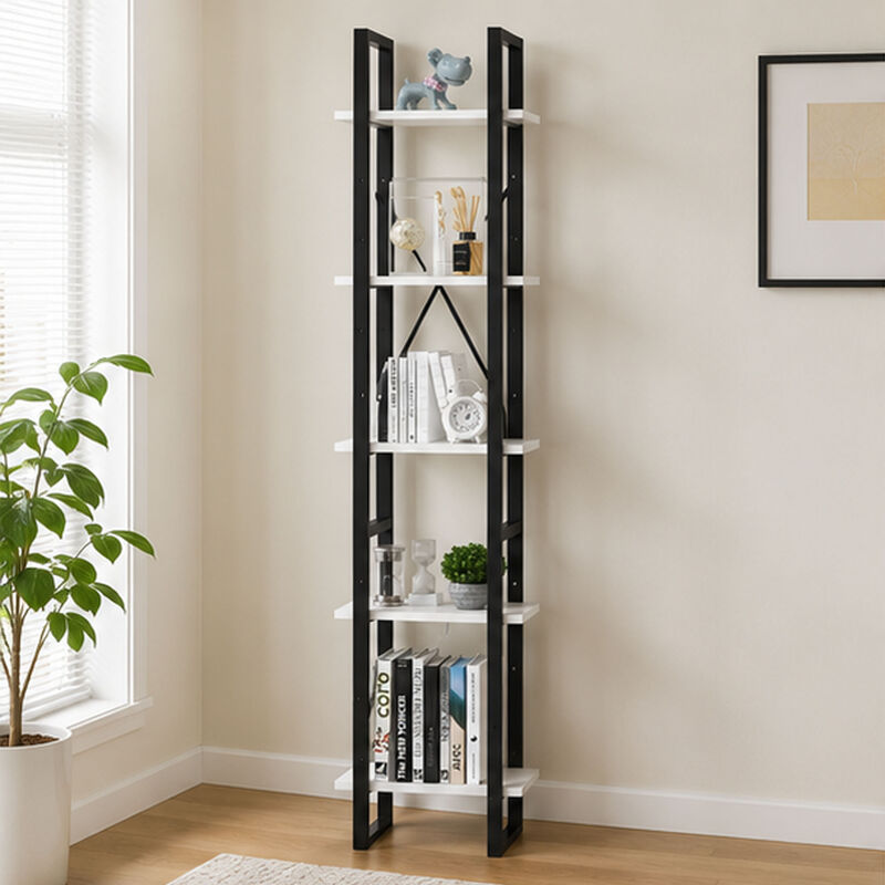 5 Tier Bookshelf Unit, Open White Wood Racks, 41 Inch Black Metal image number 1
