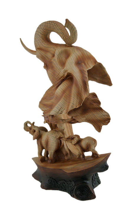 Carved Wood Look Elephant Family Bust Tabletop Statue