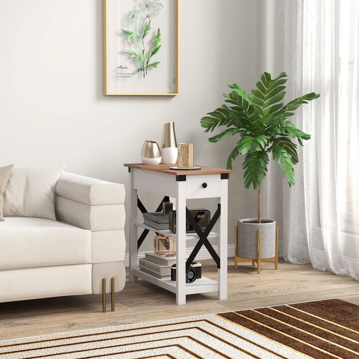 End Side Table with Charging Station, 2 USB Ports and 1 Outlet for Living Room, Bedroom, 11.75" x 23.5" x 24.5", White