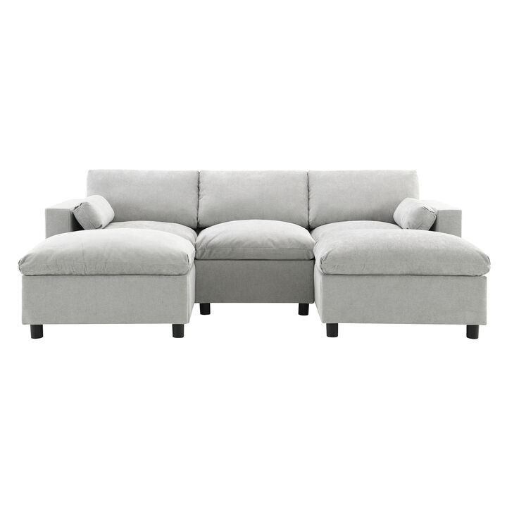 Whisen Modern Design Chenille Modular Sectional Sofa with Storage Pockets, Pillows and 2 Movable Ottomans