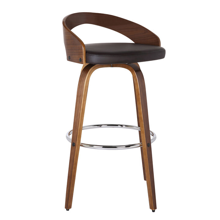 Sonia Bar Height Swivel Brown Faux Leather and Walnut Wood Bar Stool