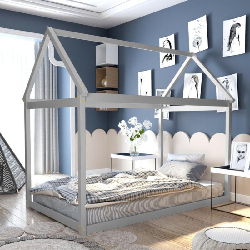Hivvago Twin Size Kids House Bed Wood Frame with Roof
