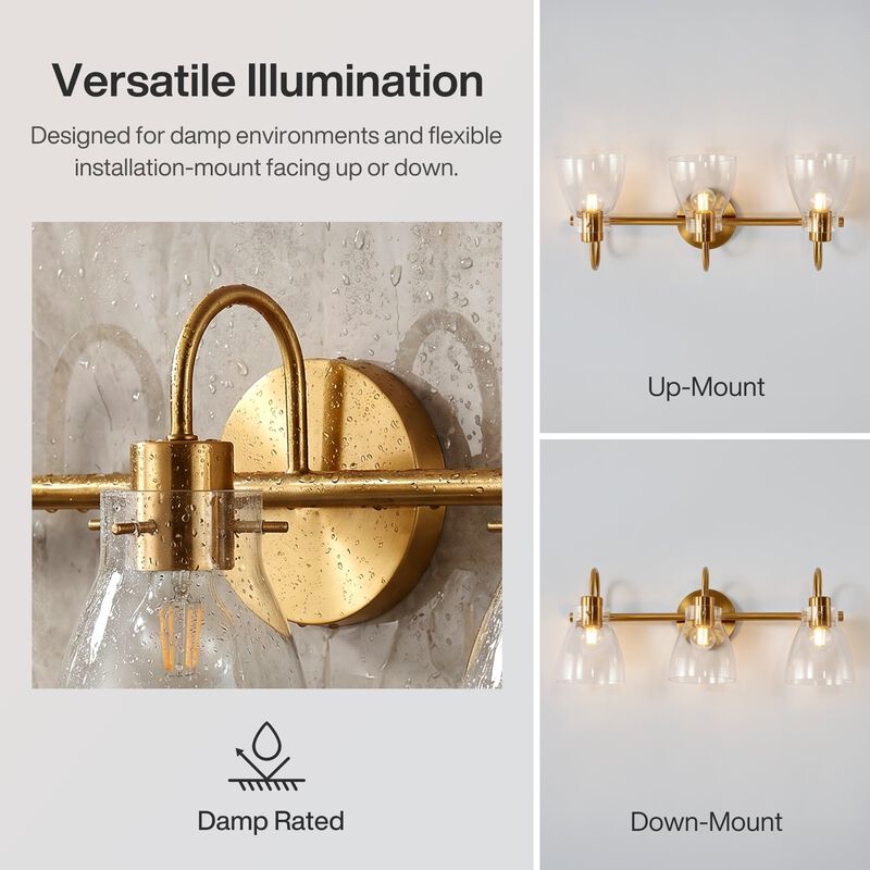Brushed Brass Bathroom Vanity Light, Three-Light Clear Glass Shades image number 8