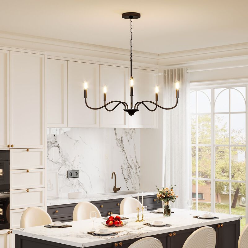 Matte Black Five-Light Modern Chandelier, Adjustable Rotating Arms image number 4