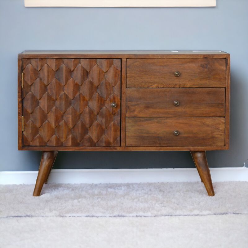 Solid Wood 1 Door 3 Drawer Carved Chestnut Sideboard