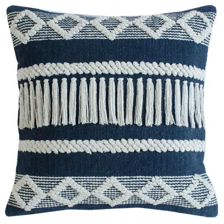 20" Blue and Ivory Diamond Stripe Textured Square Throw Pillow