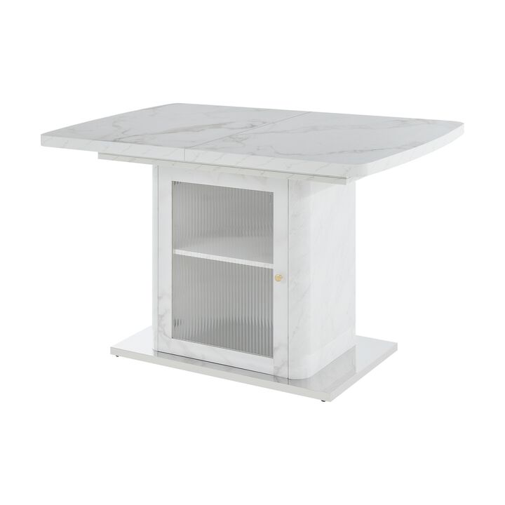 47.24"-63"Modern Rectangle Dining Table, Stretchable, with Printed White Marble Table Top+Storage Cabinet Table Leg with Metal Base