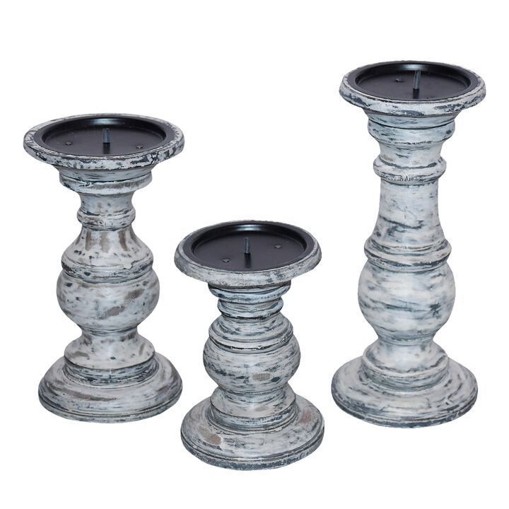 Wooden Candleholder with Turned Pedestal Base, Set of 3, Distressed White and Black-Benzara