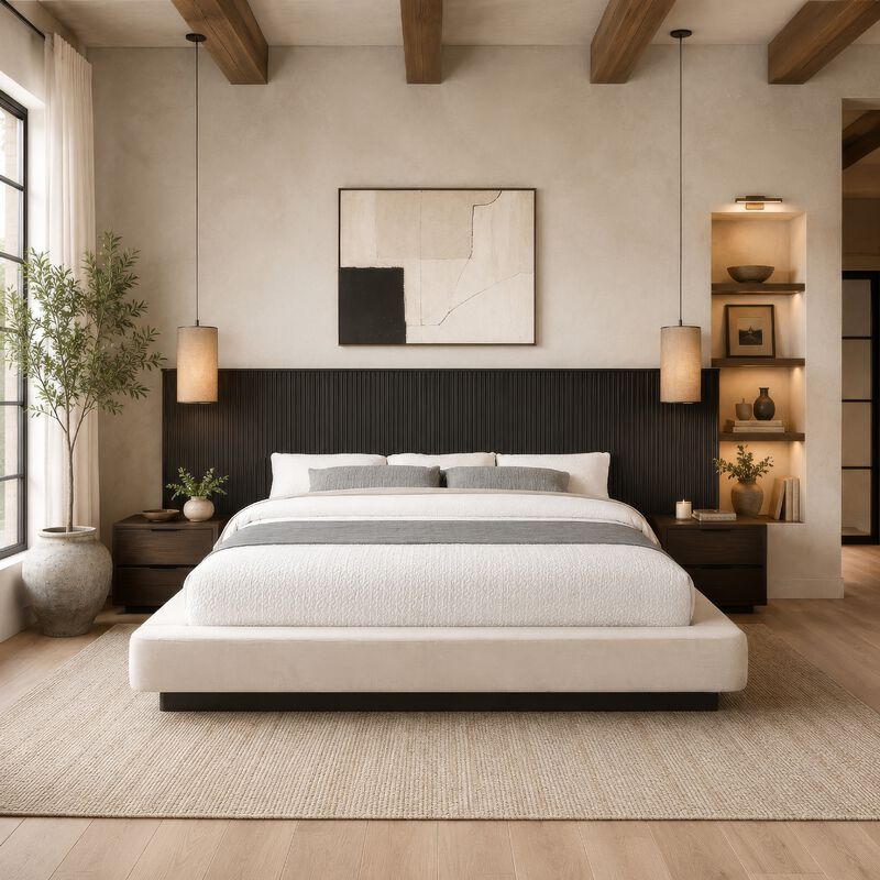 Jeh King Low Platform Bed, Fluted Headboard, Beige Linen, Espresso Brown image number 8