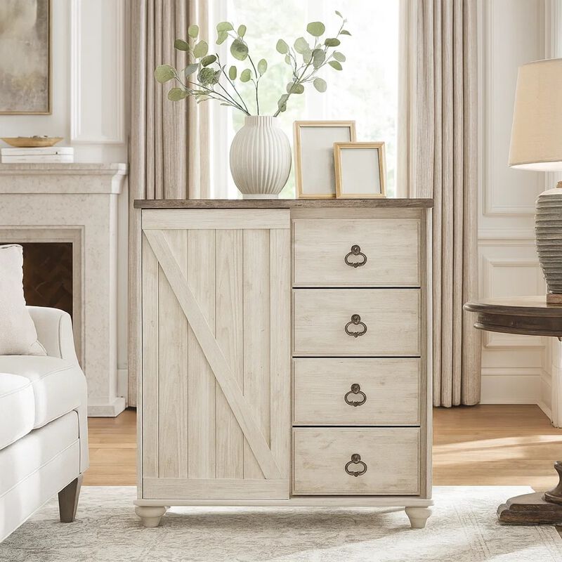 Isla Dresser Chest, 4 Drawer, Sliding Barn Door, Brown Top, Whitewash image number 6
