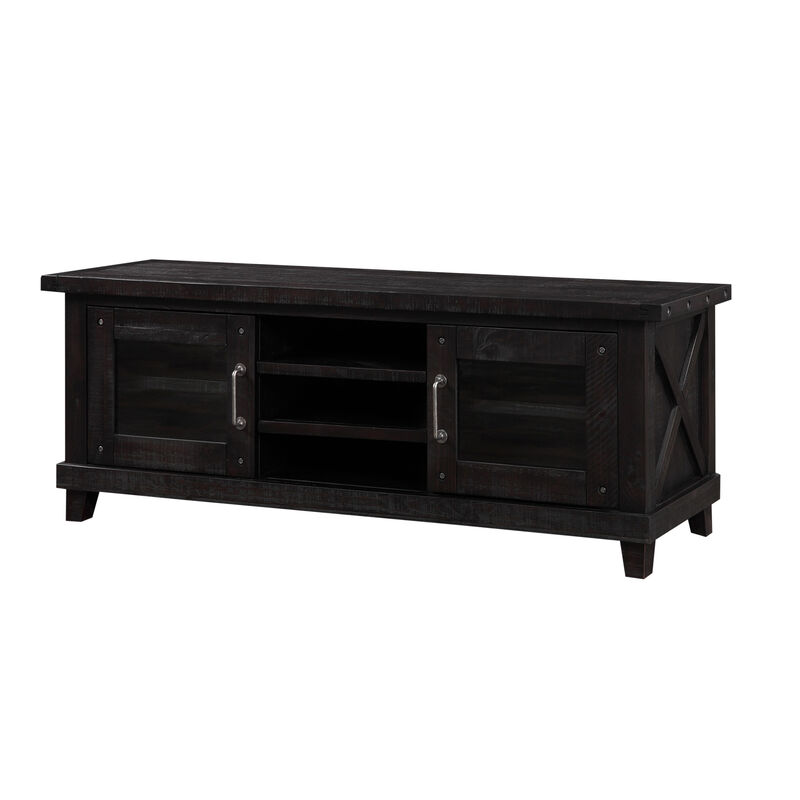 Three Open Shelves Entertainment Center with Exposed Bolts and Cross Bracing, Brown - Benzara image number 2