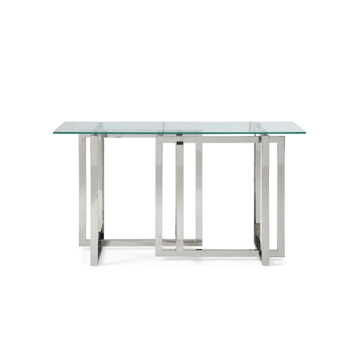 Cid 55 Inch Modern Sideboard Console Table, Glass Top, Steel Base, Chrome-Benzara