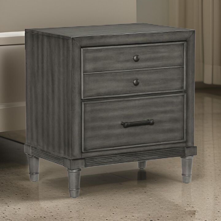 Ceila 27 Inch Classic 2 Drawer Nightstand, Round Tapered Legs, Gray Finish