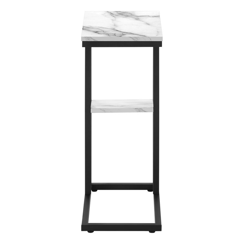Monarch Specialties I 3675 Accent Table, C-shaped, End, Side, Snack, Living Room, Bedroom, Metal, Laminate, White Marble Look, Black, Contemporary, Modern