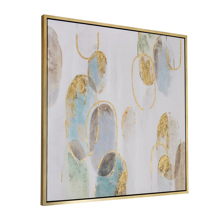 39 x 39 Square Wall Art Oil Painting, Abstract Circles, Gold, White, Green - Benzara