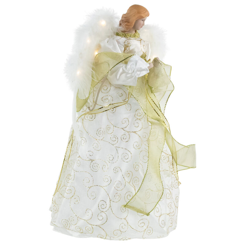 14" Lighted White and Gold Angel in a Dress Christmas Tree Topper - Warm White Lights image number 3