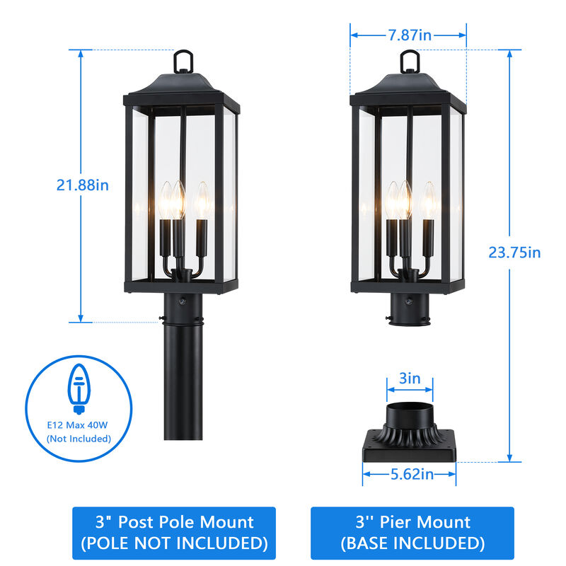 24 in.  Modern Farmhouse3-Light Black Dimmable Outdoor Post Light image number 2