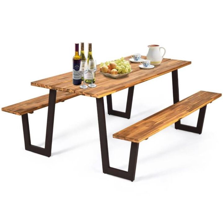 Hivvago Modern Wooden Picnic Table with 2 Benches Outdoor Patio Dining Set