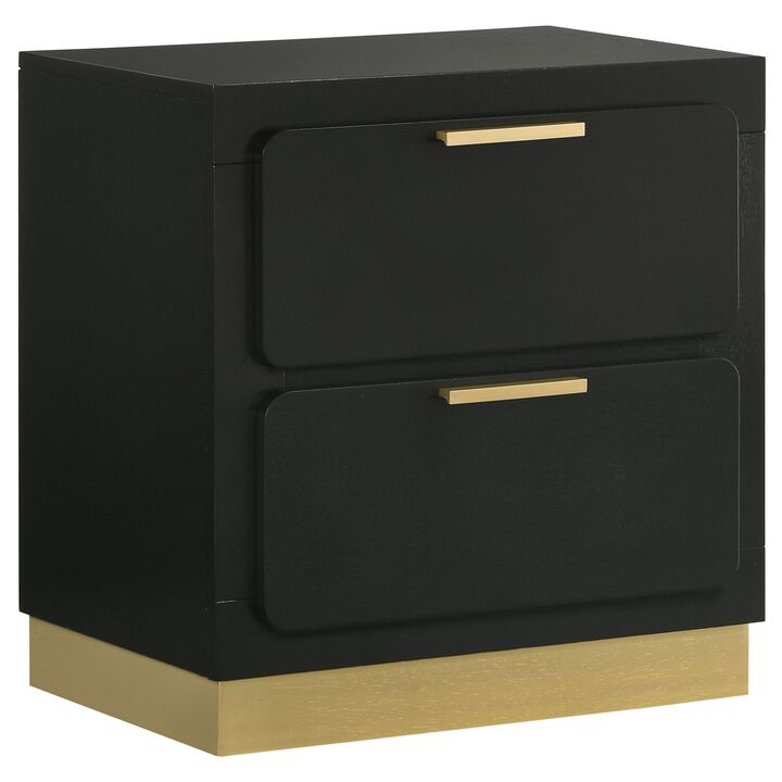 Caer Nightstand, 2 Drawers, Gold Accent Recessed Base, Bar Handles, Black - Benzara