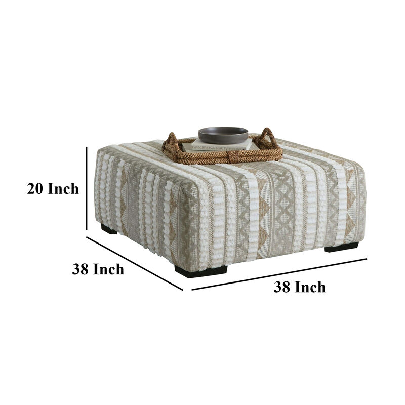 Phan Ottoman, Plush Ivory Chenille, Elegant Lined Pattern, 41 Inch - Benzara