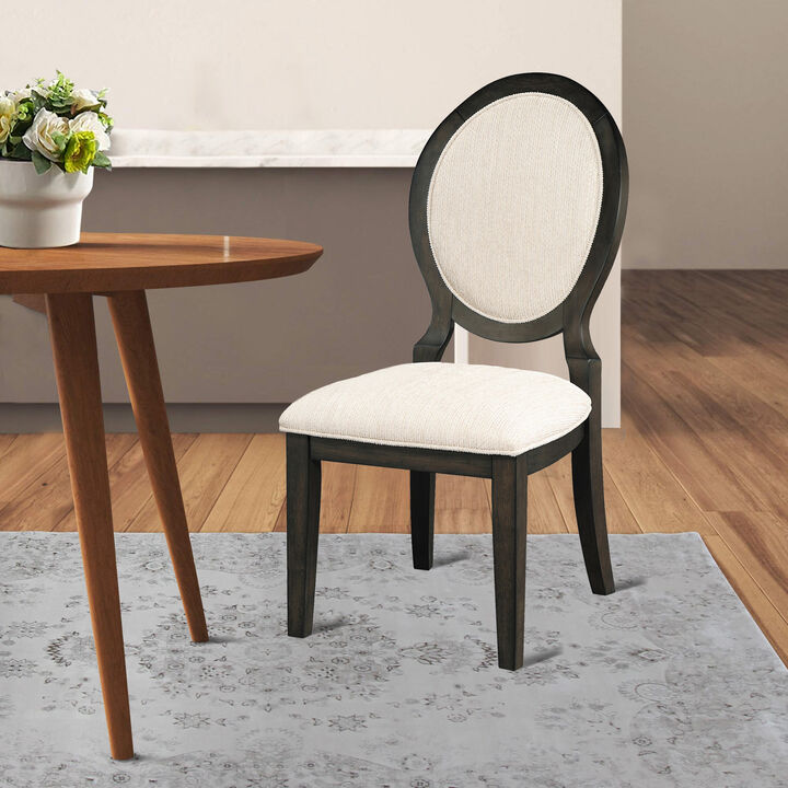20 Inch Dining Chair, Set of 2, Oval Padded Back, Polylinen Cream Fabric - Benzara