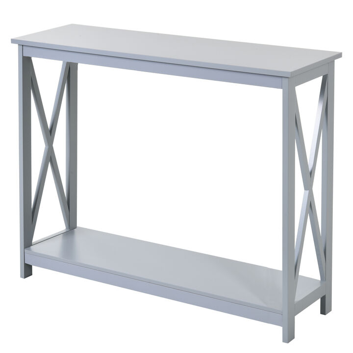 HOMCOM 2-Tier Console Table, Sofa Side Table with Storage Shelf, X Design for Entryway, Living Room, and Hallway, Grey