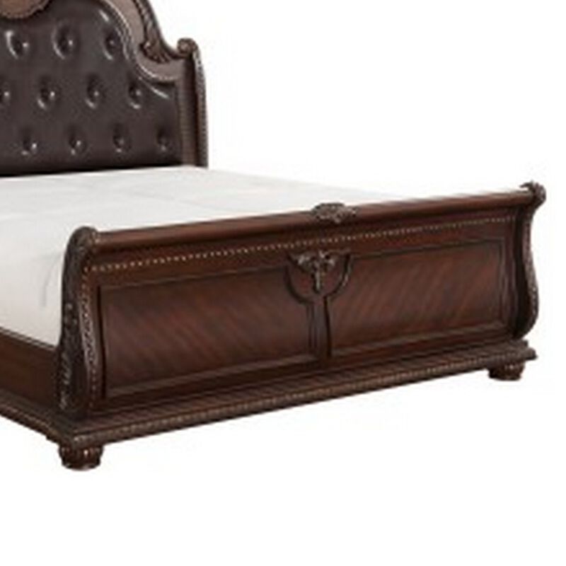 Caitlin Classic Queen Sleigh Bed, Tufted Arch Headboard, Brown Faux Leather - Benzara image number 3