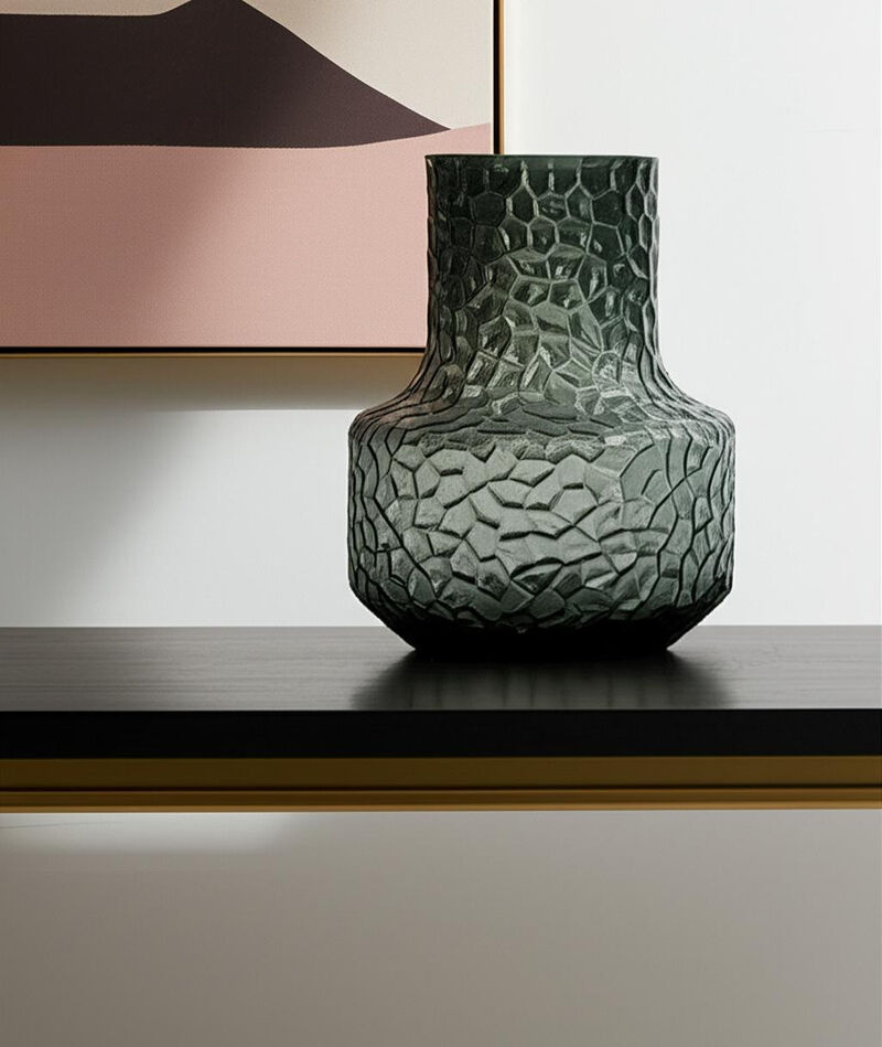 HomeRoots 7" Green Faceted Glass Table Vase image number 1
