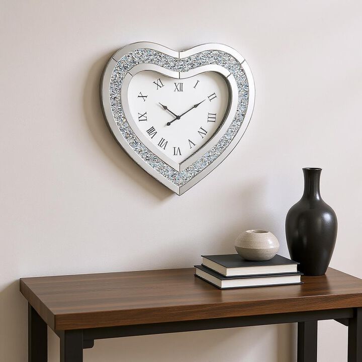 HomeRoots 27" Silver Faux Crystal And Mirrored Glass Silent Analog Heart Wall Clock