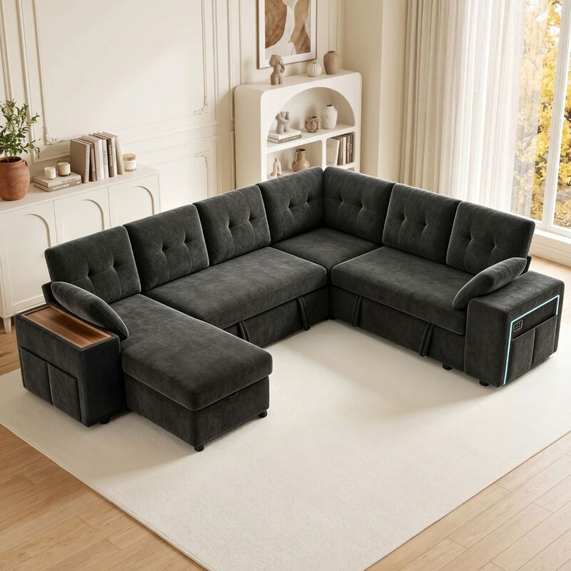 Vipbear 112" U-Shaped 7-Seat Modular Chenille Sectional Sleeper Sofa, Pull Out Bed Reclining Couch image number 7