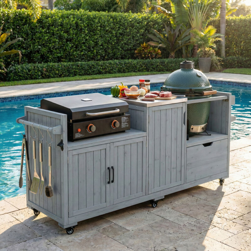 Whisen Outdoor Kitchen Island, Grill Cart Table with Stainless Steel Top image number 2