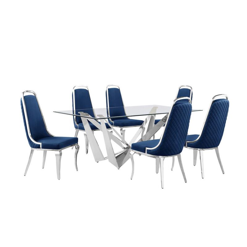 7pc Small(78") glass dining set with silver base and 6 Navy blue side chairs