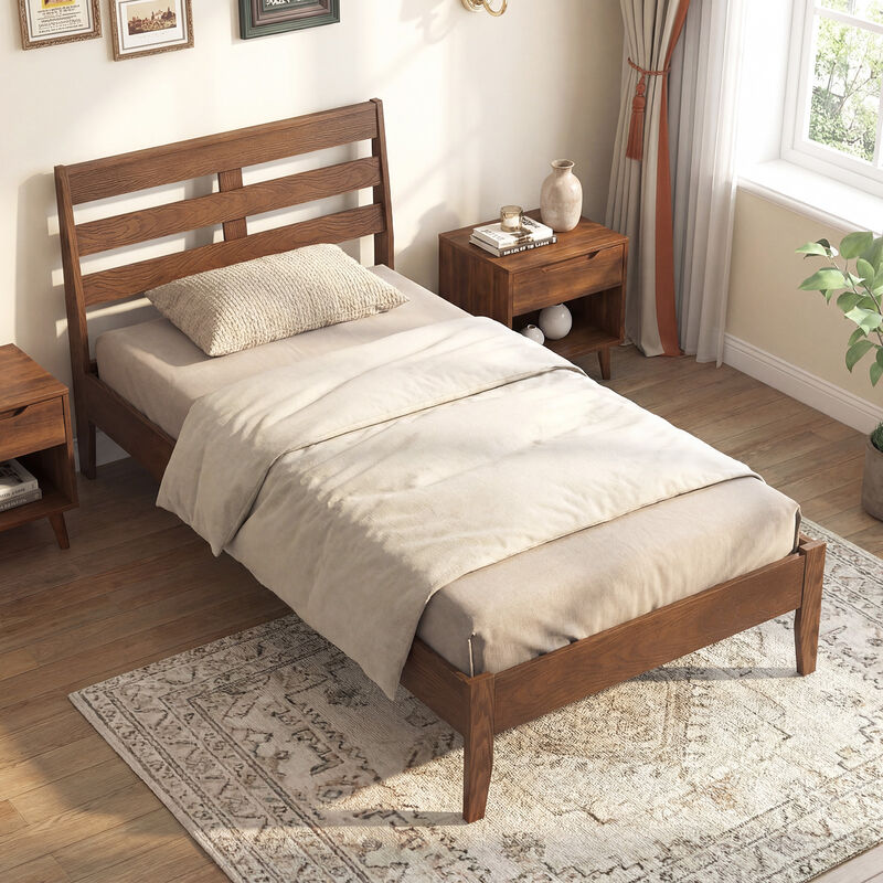 Twin Wooden Platform Bed Frame with Slatted Headboard Design image number 3