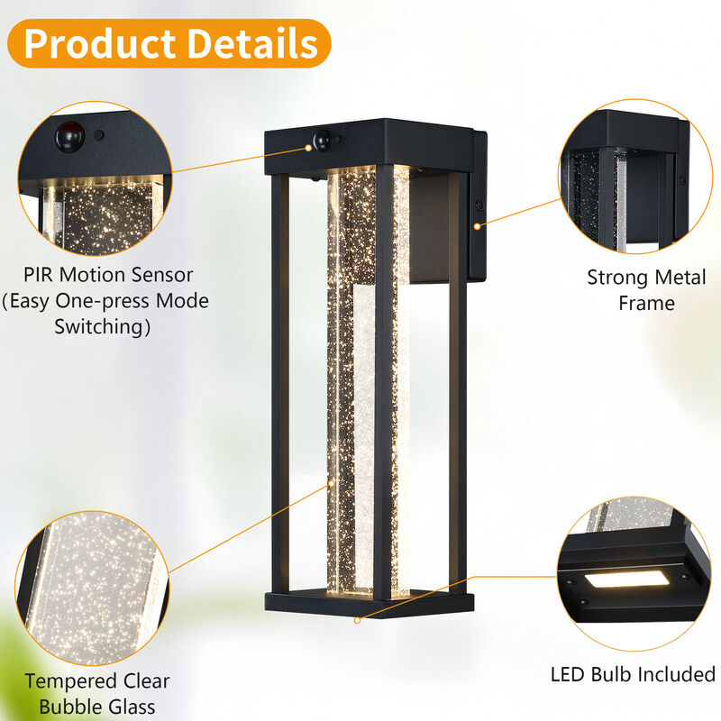 2-Pack Modern Sand Black LED Motion Sensor Outdoor Wall Lights with Bubble Crystal Glass image number 3